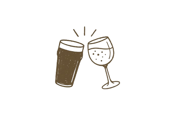 An illustration of a pint glass and a wine glass toasting